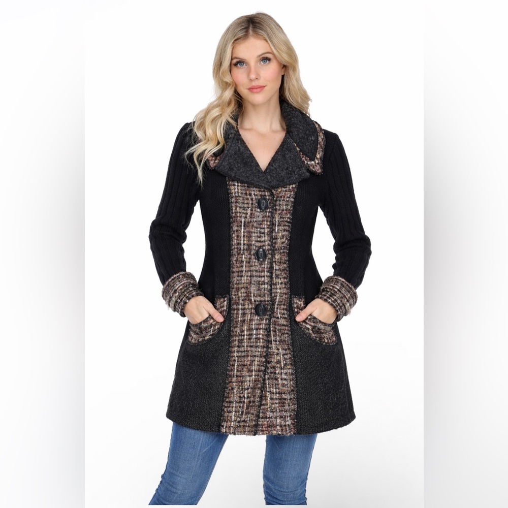 Sioni Mixed Media Long Button Up Cardigan Size Large Art to Wear Statement Piece